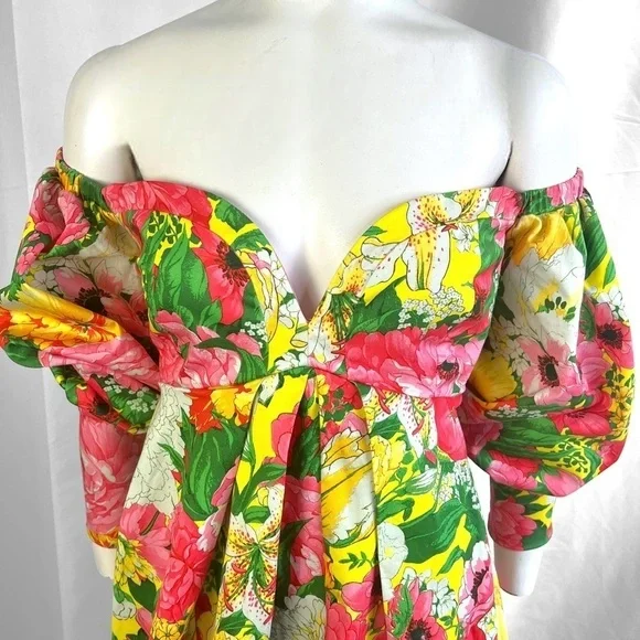 ASOS EDITION OFF SHOULDER MINI DRESS FLORAL PRINTS BALLOON SLEEVE BABYDOLL DRESS - Picture 14 of 17